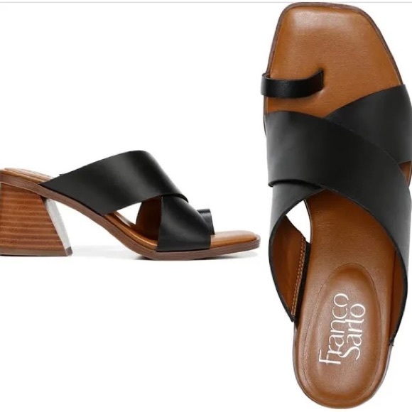 NIB Franco Sarto Safia Black Leather Toe Post Bock Heel Slide Sandal 8M 38 - Picture 9 of 14